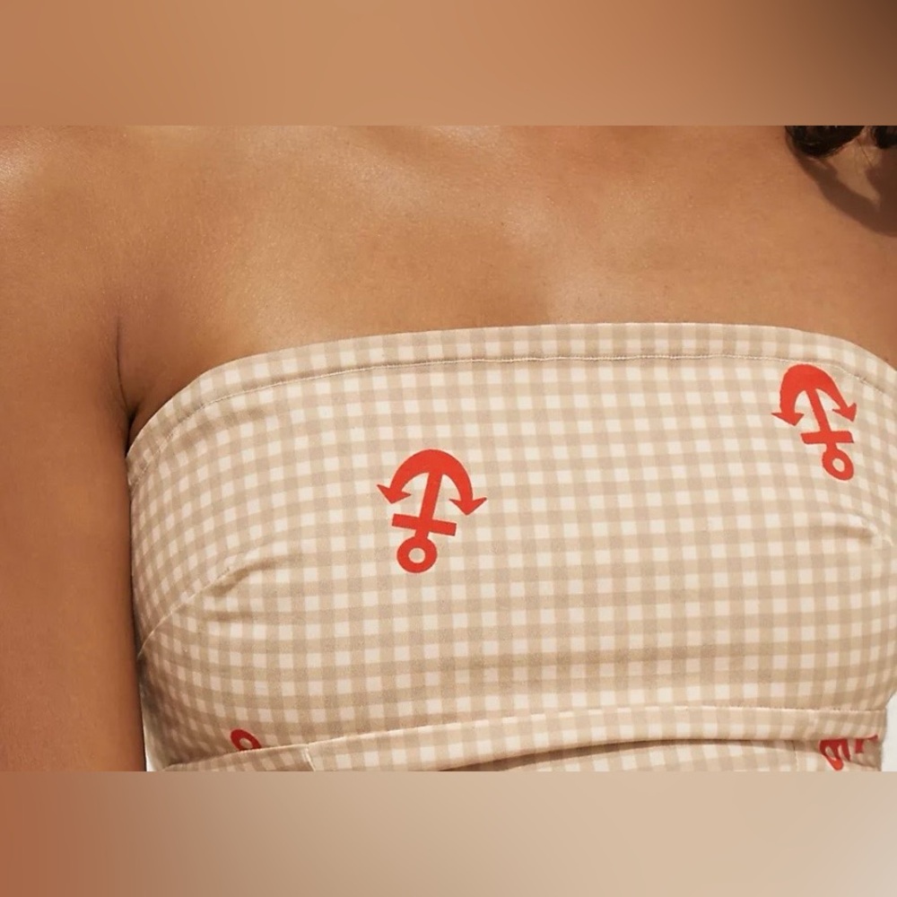 Anthropologie Celandine Smocked Tube Top Anchor Print Beige - Picture 6 of 8